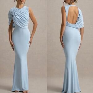 NWT Club L London Rae Powder Blue Maxi Dress With One-Sleeve Cape